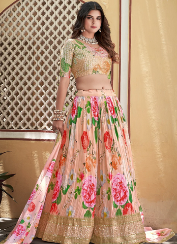 Crushed Chinon Digital Printed Sequence Work Peach Lehenga